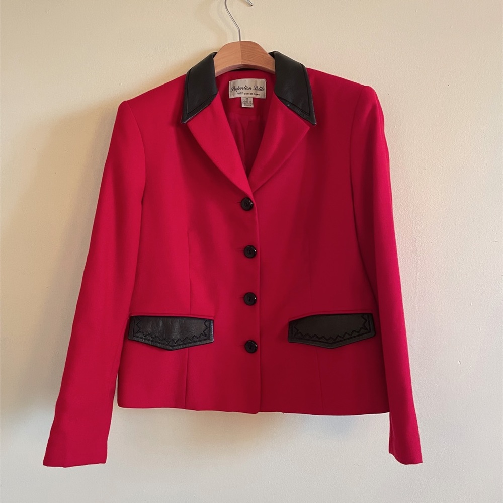Vintage Red Wool Blazer - with leather accents Petite